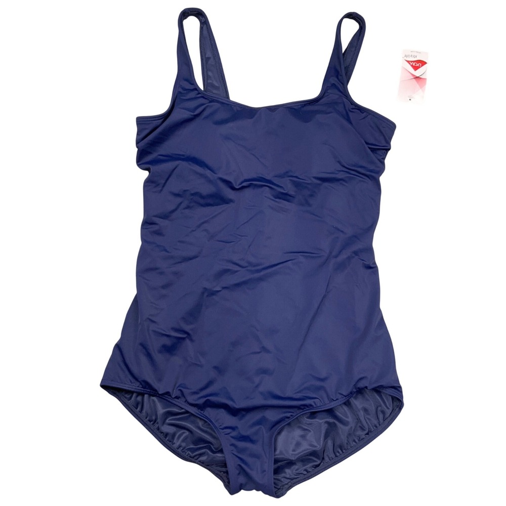 Lands End 1 Pc‎ Swimsuit Womens 14L Navy Blue Athletic Modest Lycra Sport Swim